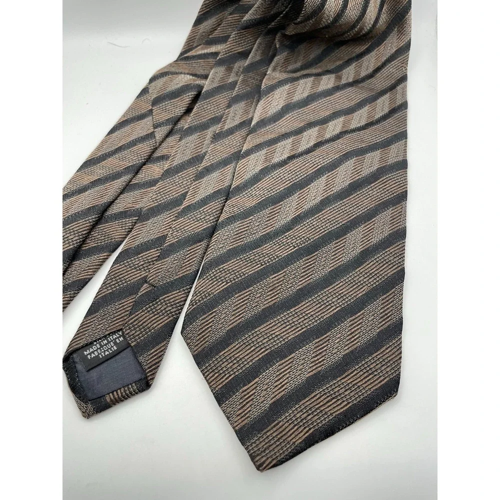Canali Mens Silk Necktie Brown Tan Black Chevron Stripe Made in Italy Luxury Tie